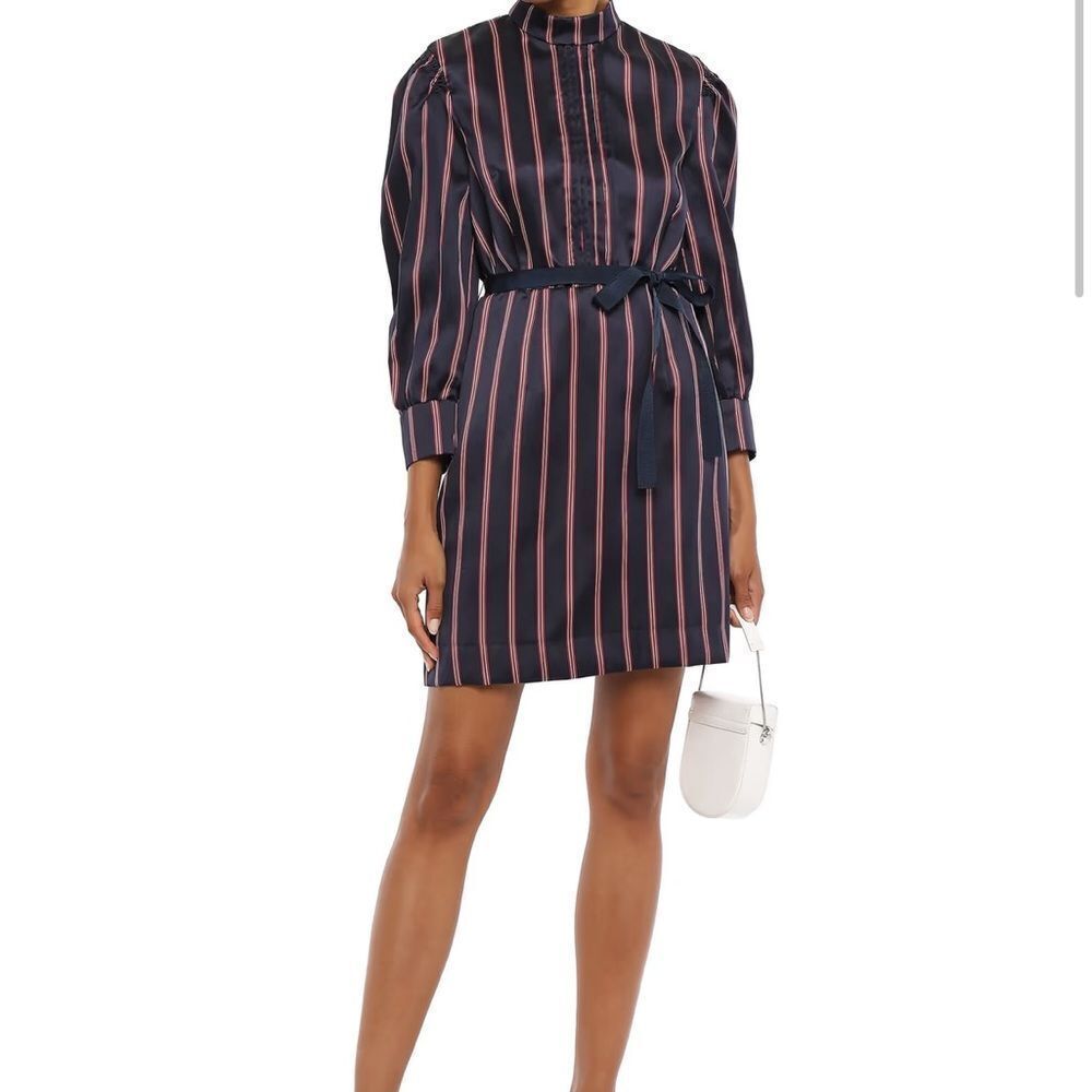 Sandro Respect Striped Navy Red White Pleated mini Dress FR38/US 6 long sleeve